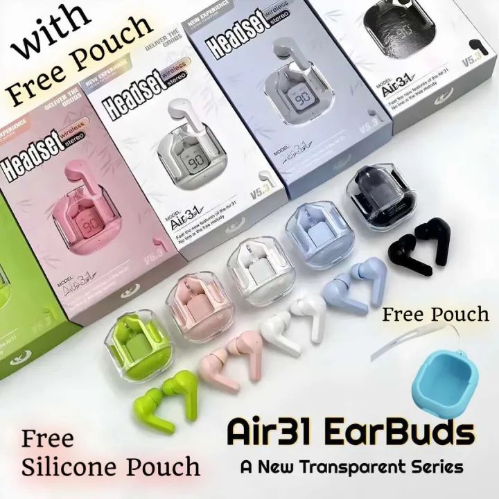 EARBUDS AIR 31 AIRPODS WIRELESS EARBUDS WITH CRYSTAL TRANSPARENT CASE WITH TYPE C CHARGING|EARBUDS BLUETOOTH 5.3 WITH FREE SILICON POUCH